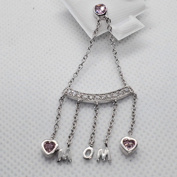 925 Silver Dangling CZ Hearts MOM Earrings - Picture 7 of 8